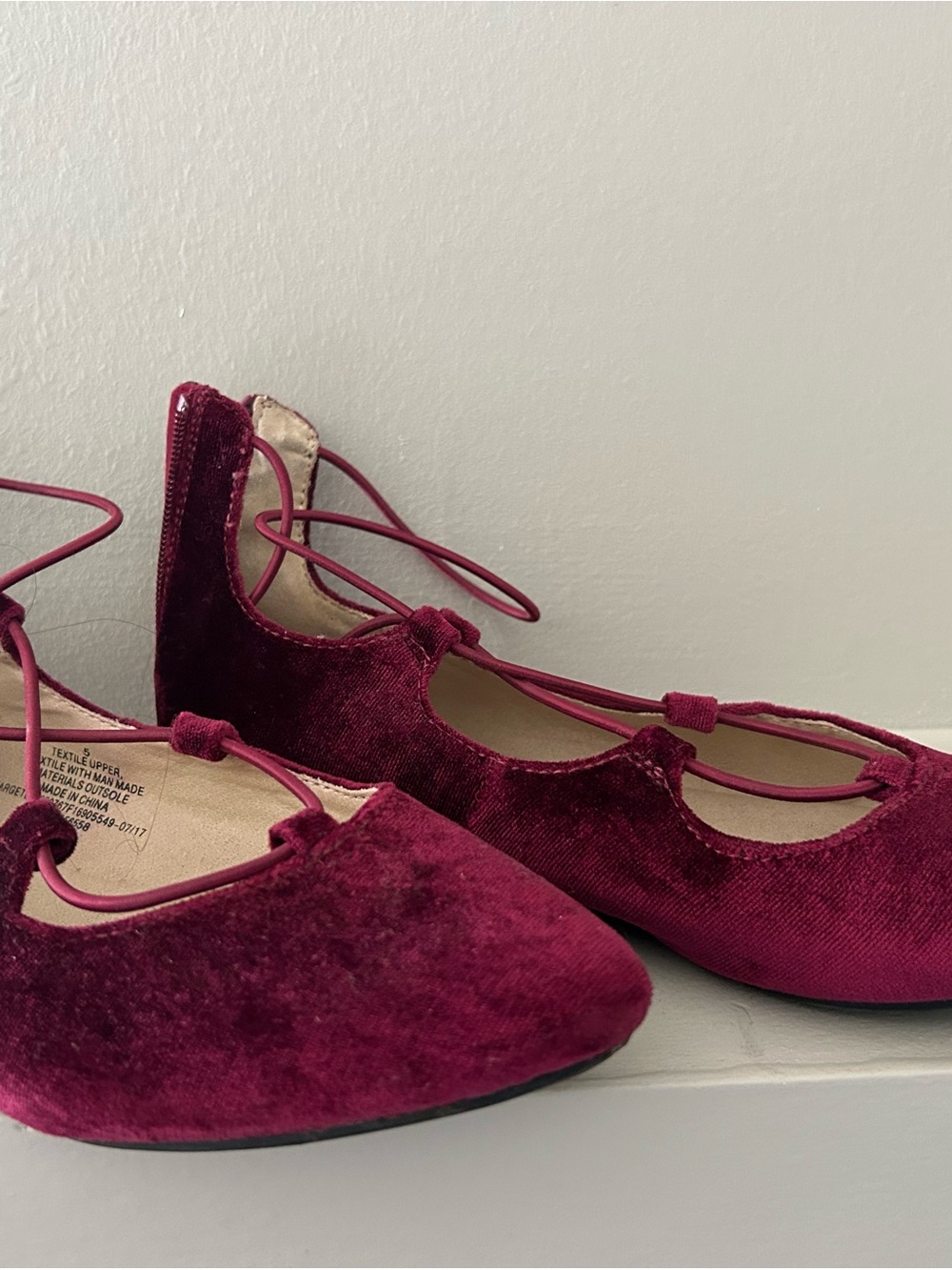 Velvet Lace-Up Ballet Flats in Burgundy
